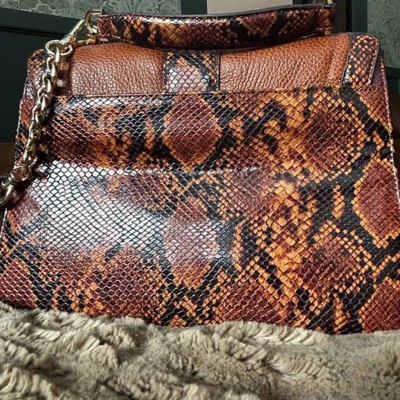 Brahmin Tan and Brown Snake Print Satchel